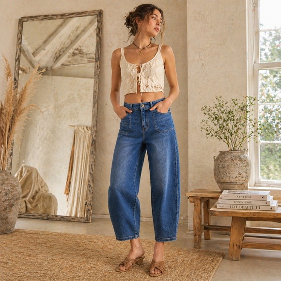 Judy Blue Denim - Judy Blue Barrel Jeans 31 / 12 High Waist Blue Denim Crop Horseshoe 90's Boho